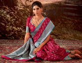Contrasting dark shaded Pink Banarasi soft silk saree with detailed banarasi inspired work